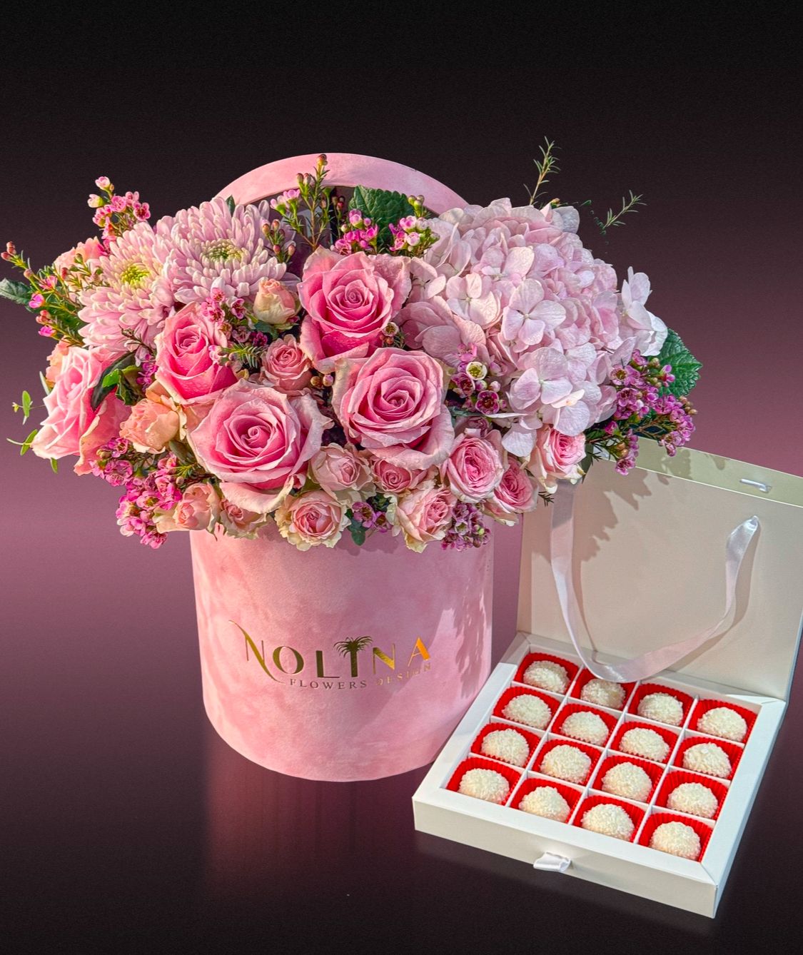 Pink Box Arrangement and  chocolates