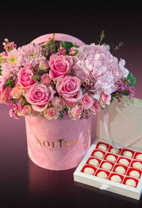 Pink Box Arrangement and  chocolates