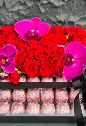 Box of red roses and chocolates